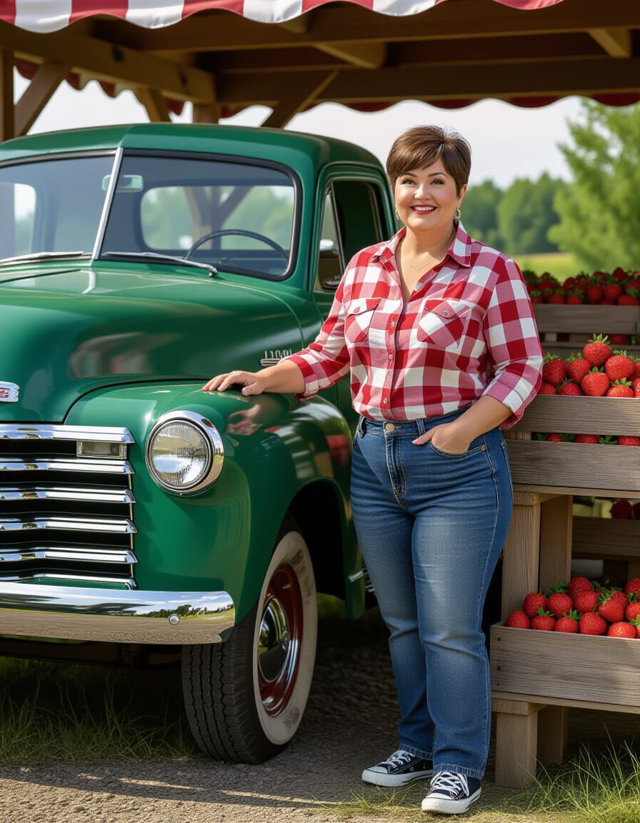 Old Truck Farmstand with Woman Selling Strawberries