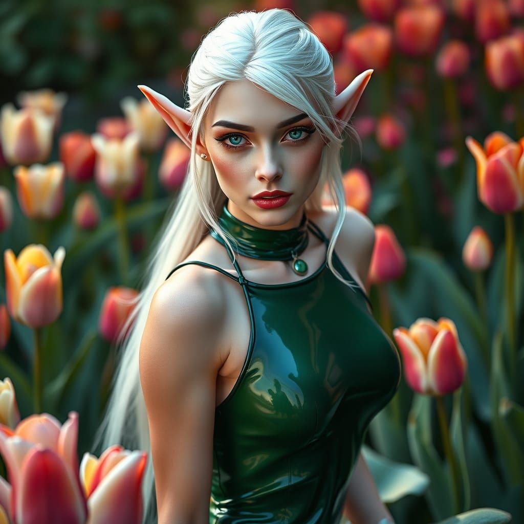 Seductive Elf Maiden Amidst Vibrant Tulips in Hyperrealistic...