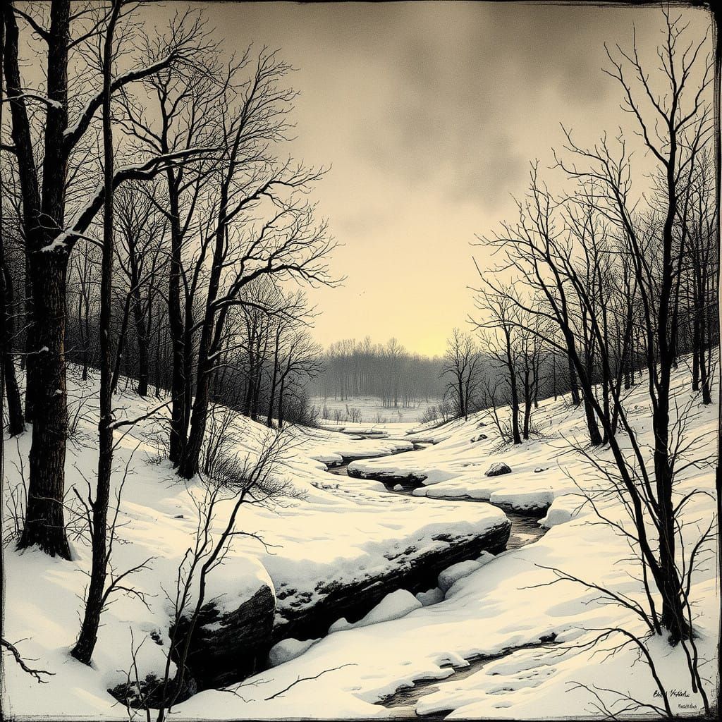 Michigan Gothic Winter Landscape in Muted Earth Tones