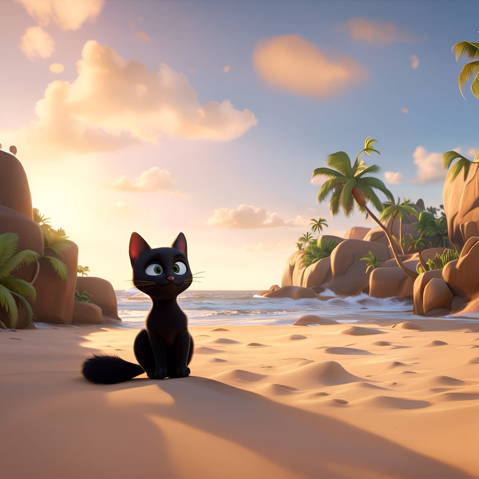 Black Cat on the Beach: Pixar-Style 3D Render
