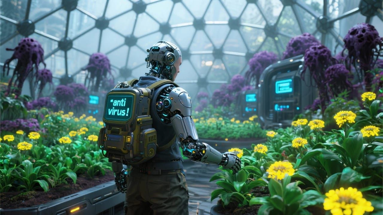 Cyborg Gardener in Futuristic Botanical Dome