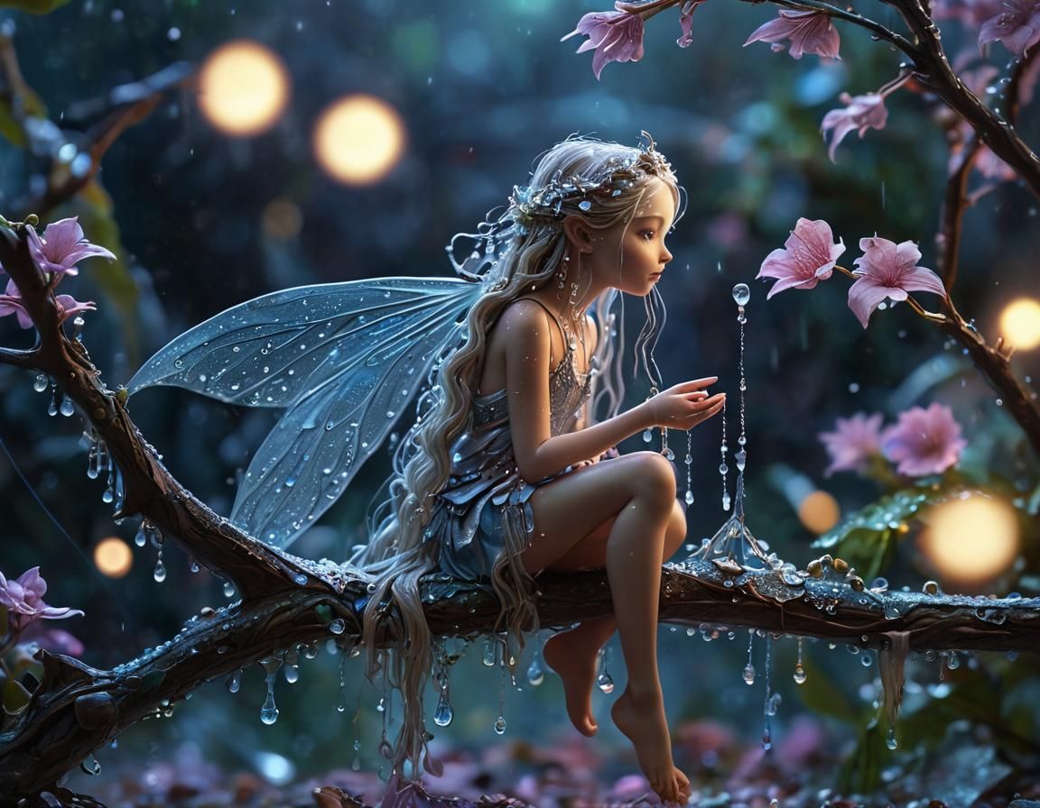 Fairy Playing with Dewdrop Dragon on Bioluminescent Flower
