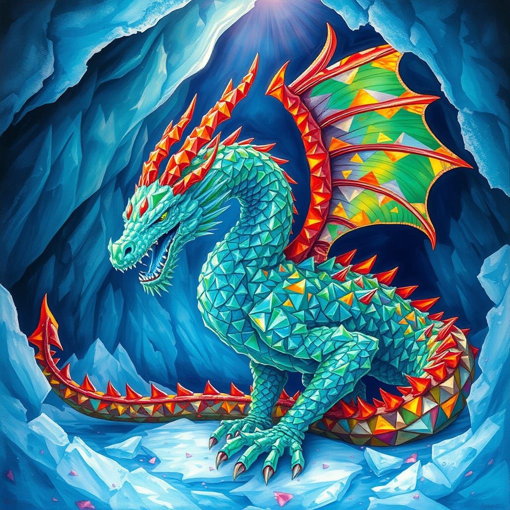 Vibrant Glass Dragon in a Frozen Ice Cave