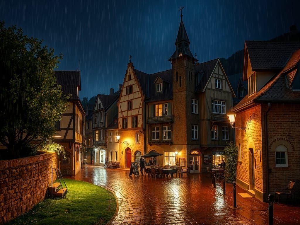 Rainy Night in a Quaint Medieval Town