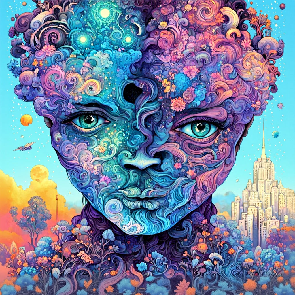 Galaxy Drips into Cityscape Silhouette Couple