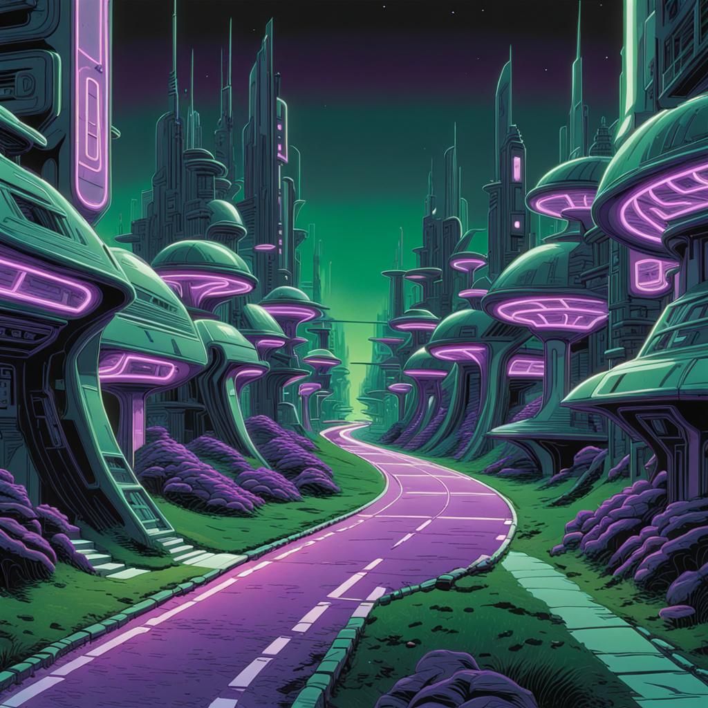 Neon Road in Futuristic Suburb: Druillet-Inspired Art