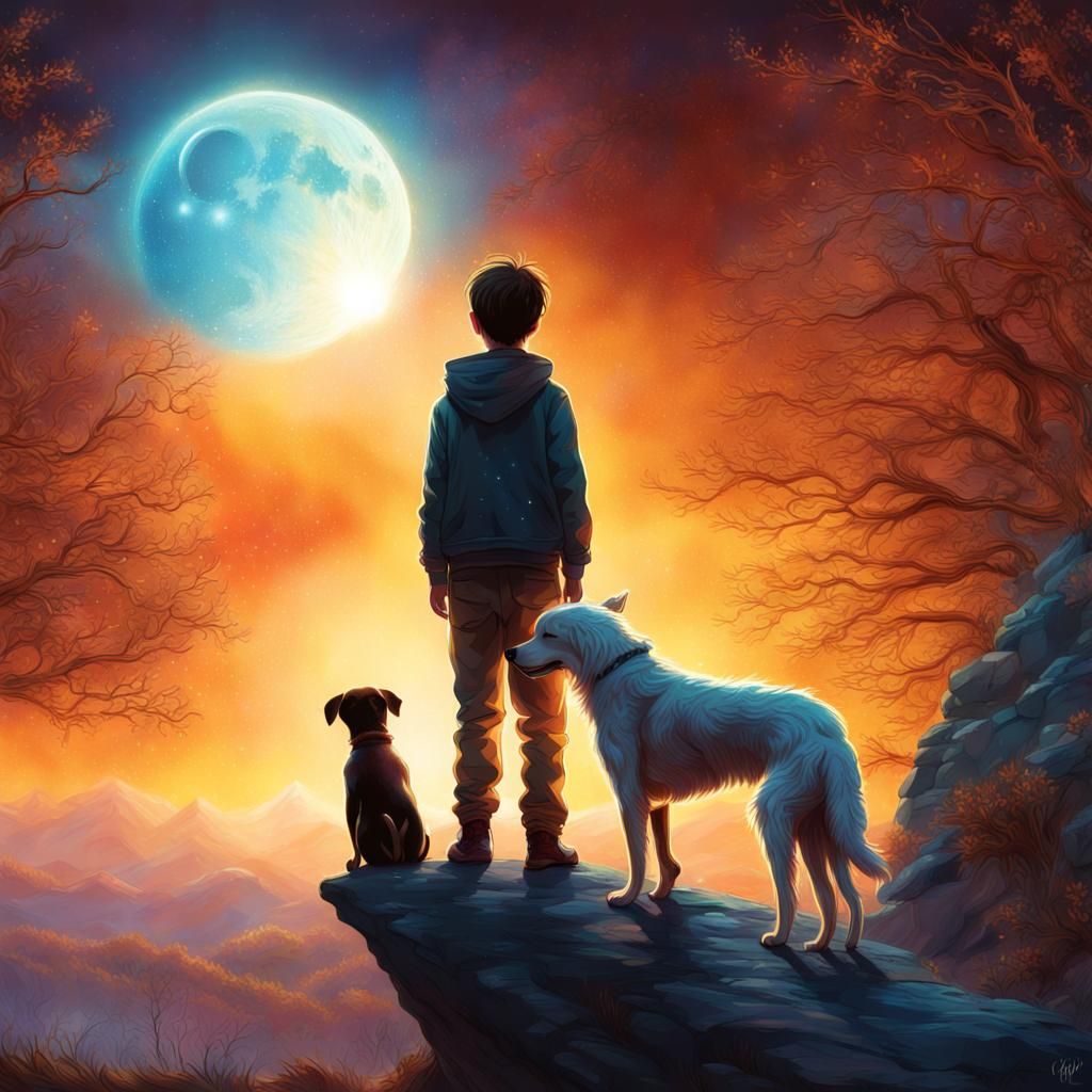 Boy and Dog Watch Jeweled Stars