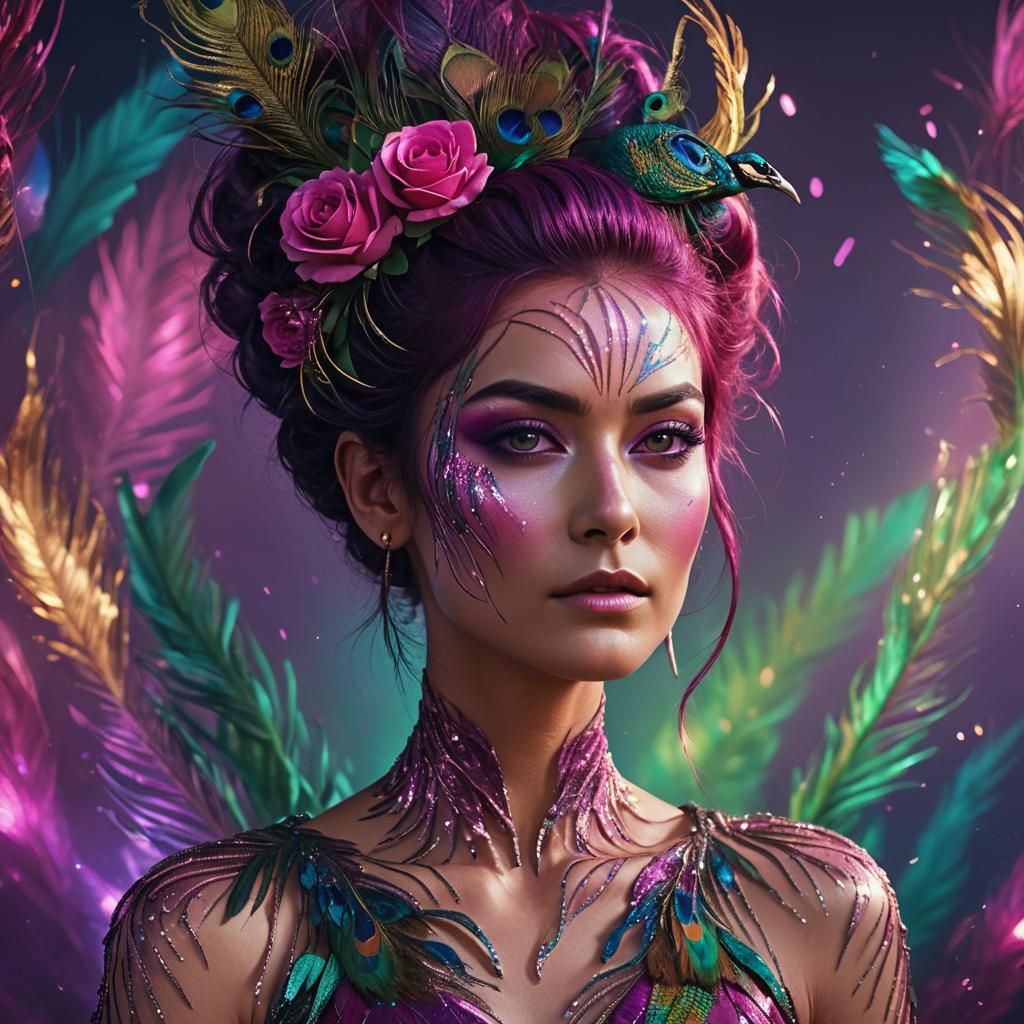 Radiant Woman with Rainbow Skin and Peacock Feathers