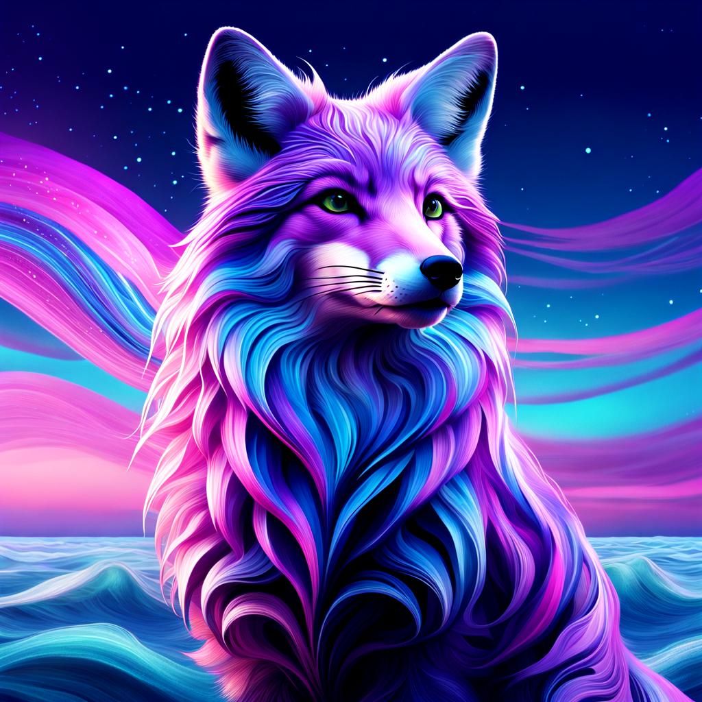 Iridescent Fox with Swirling Fur: Surreal Digital Art