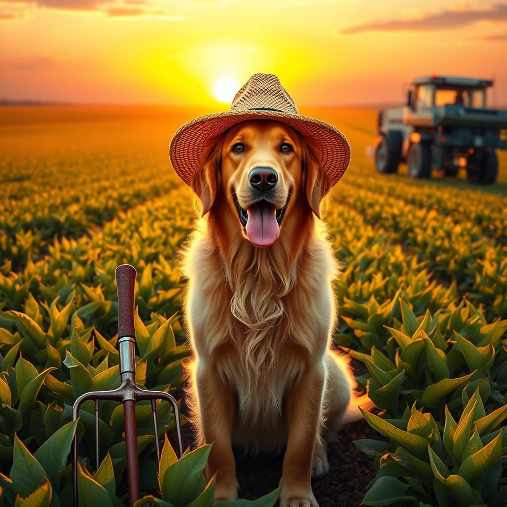 Golden Retriever in Lush Soybean Field at Sunset