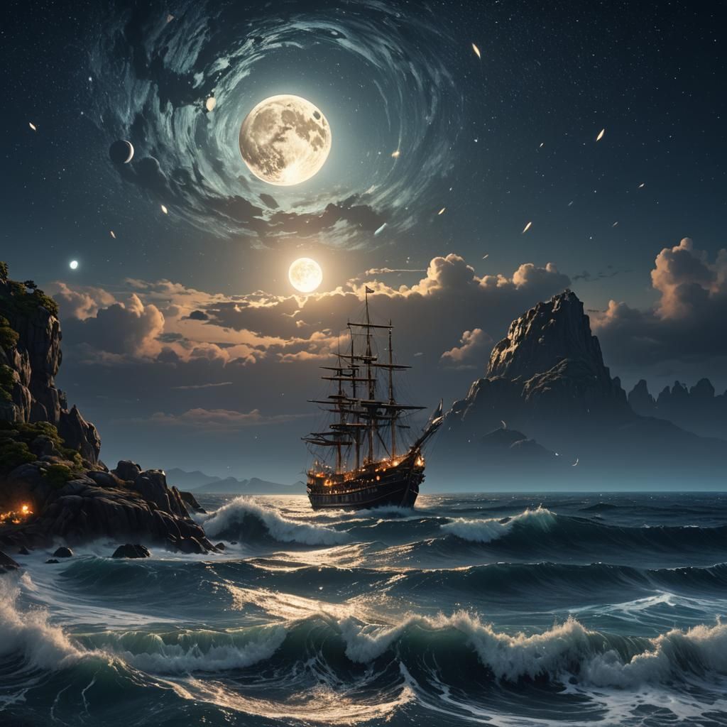 Night Ocean Under Moonlight and Stars