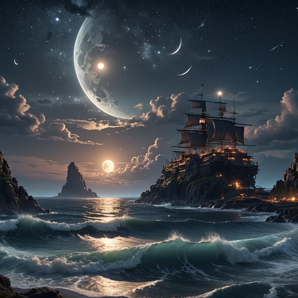 Ocean at Night with Stars and Moon