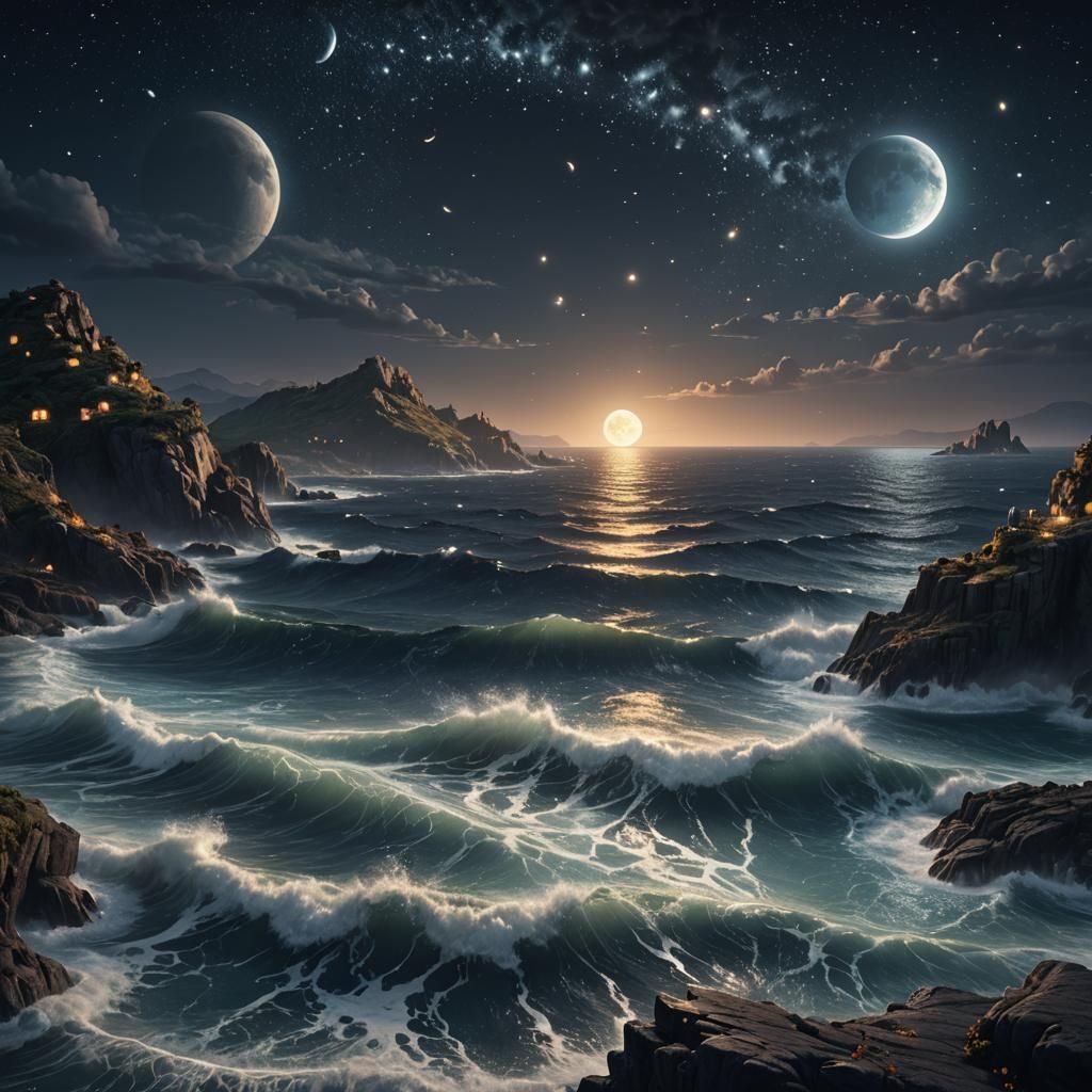 Night Ocean with Stars and Moon: Detailed Matte Painting