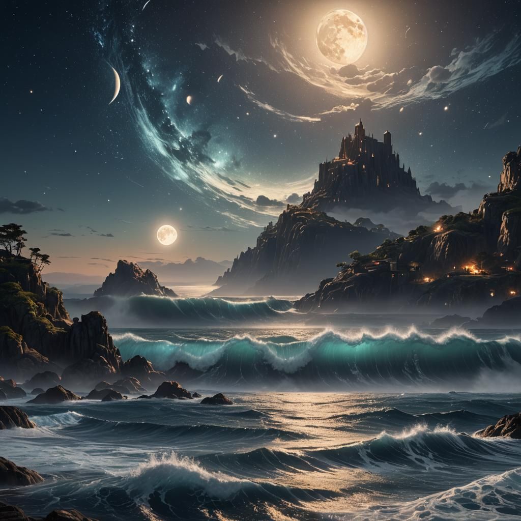 Moonlit Ocean at Night in Detailed Matte Painting
