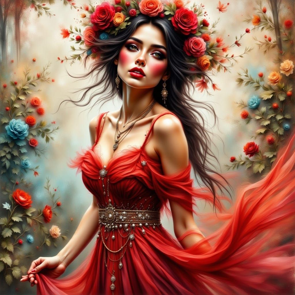 Woman in Whimsical Red Gypsy Dress with Elegant Pose