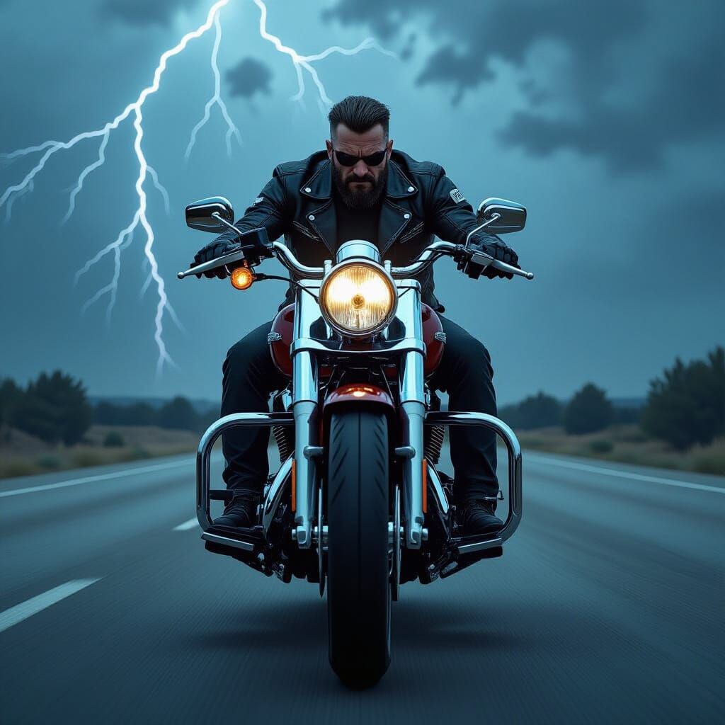 Menacing Biker on Harley Davidson Under Stormy Sky