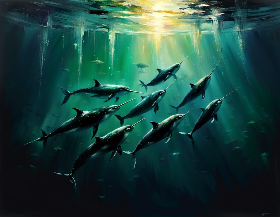 Narwhals Hunting in Dark Ocean: Impressionistic Chiaroscuro