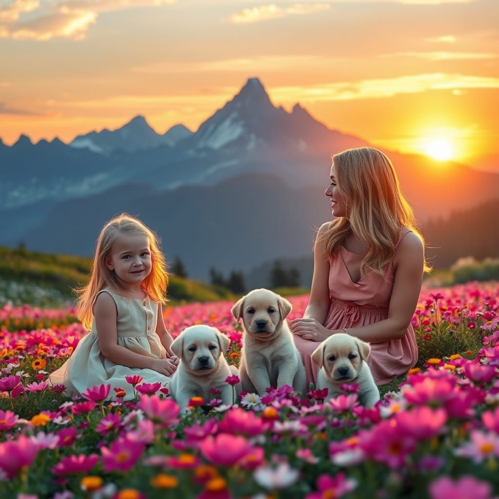 Picturesque Flower Field with Figures and Puppies