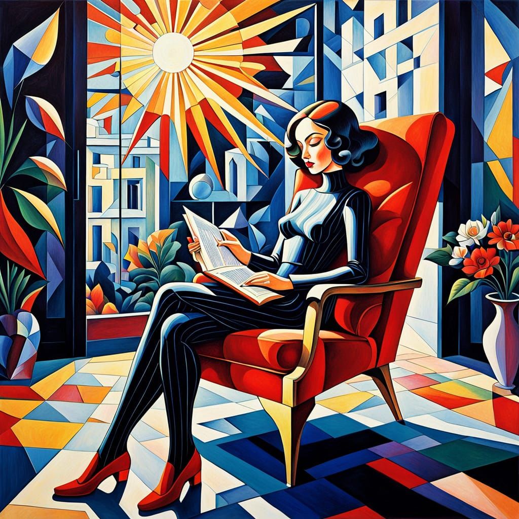 Futuristic Cubist Woman Reading: Acrylic Impasto