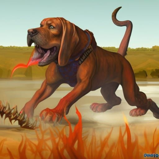 Fiery Bloodhound Unleashed in Fantasy Wetland