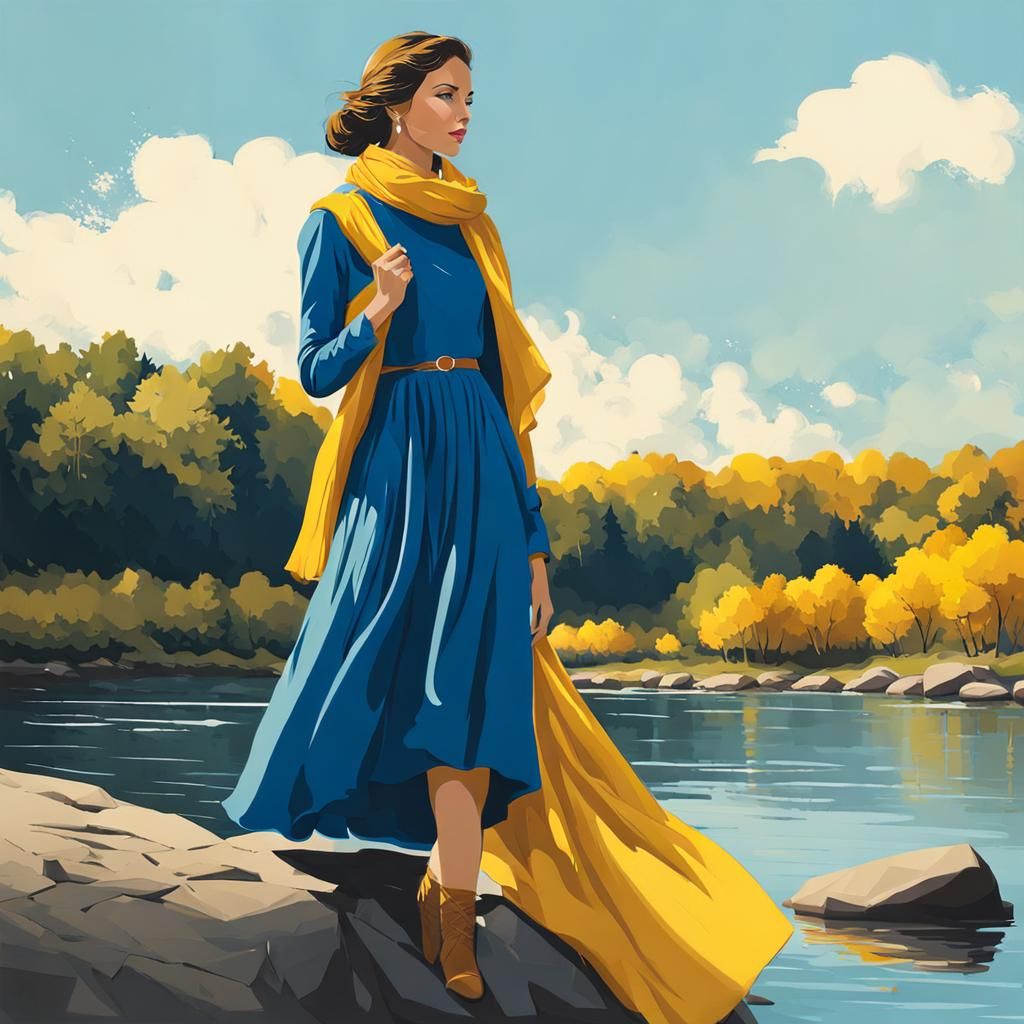 Woman in Blue Dress by Riverbank