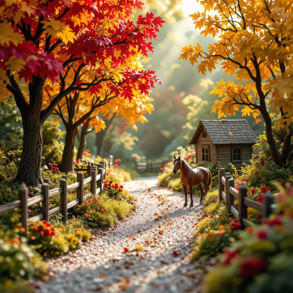 Whimsical Garden Path Diorama Sculpture with Fall Trees