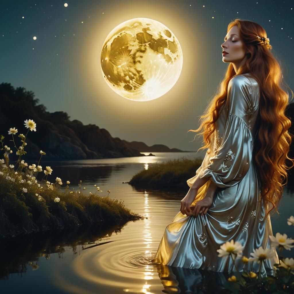 Surreal Woman with Golden Hair Under Moonlight