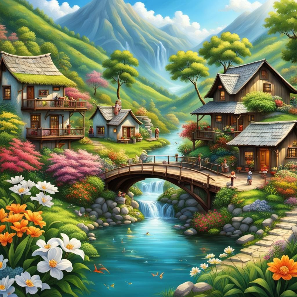 Idyllic Paradise Landscape with Waterfalls and Wildlife