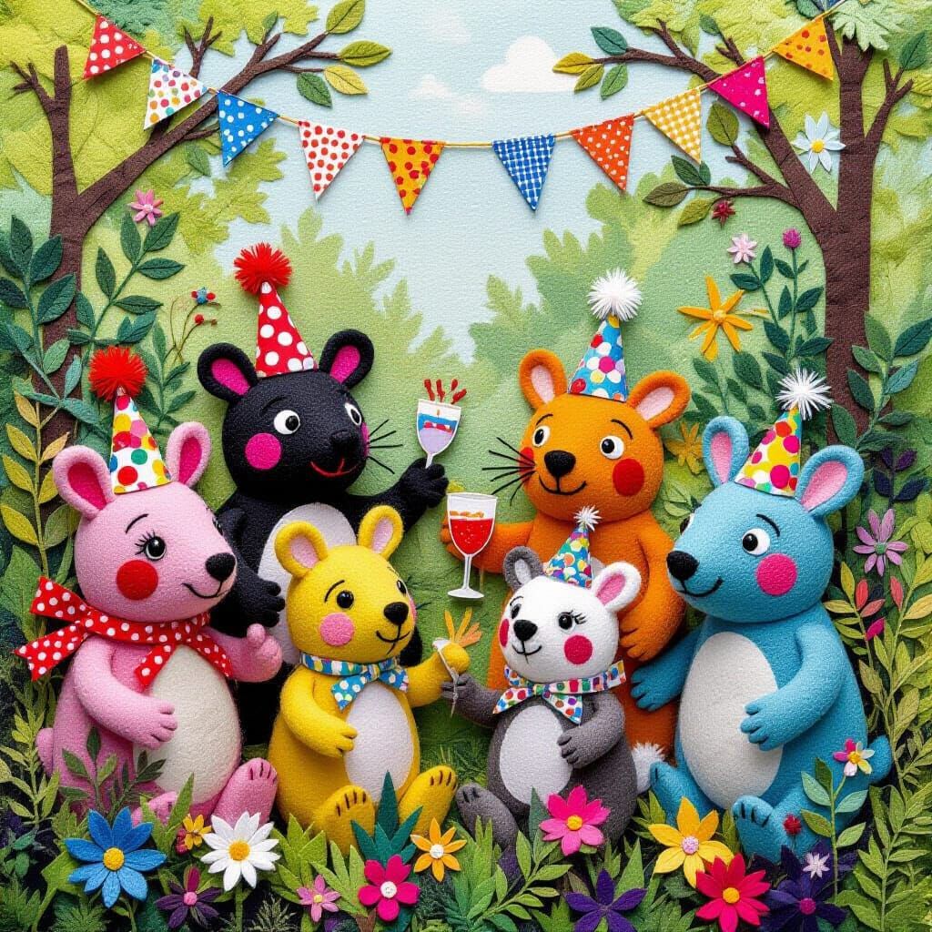 Whimsical Felt Collage Party in Mixed Media Style