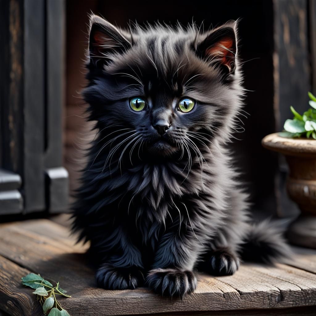 Fluffy Black Kitten in Pre-Raphaelite Style
