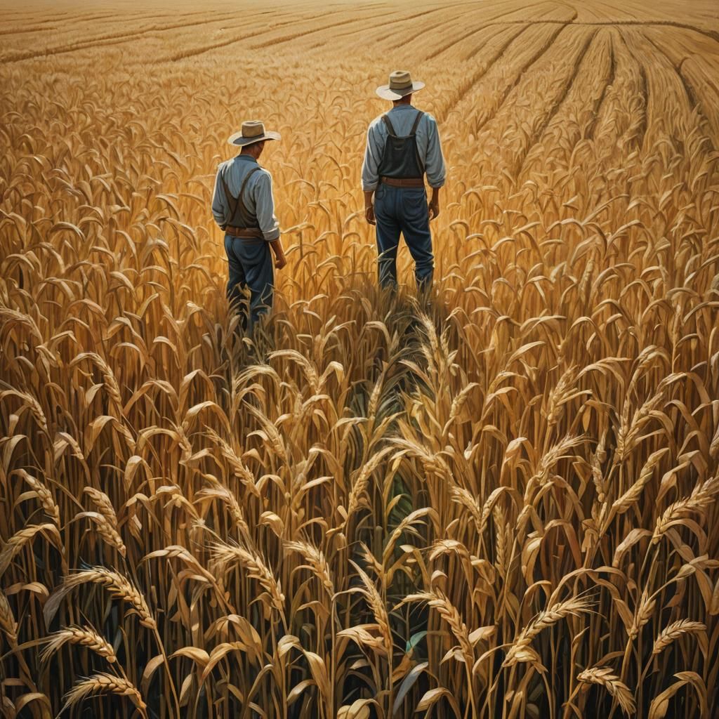 Lone Farmer in Golden Wheat Field, Magic Realism