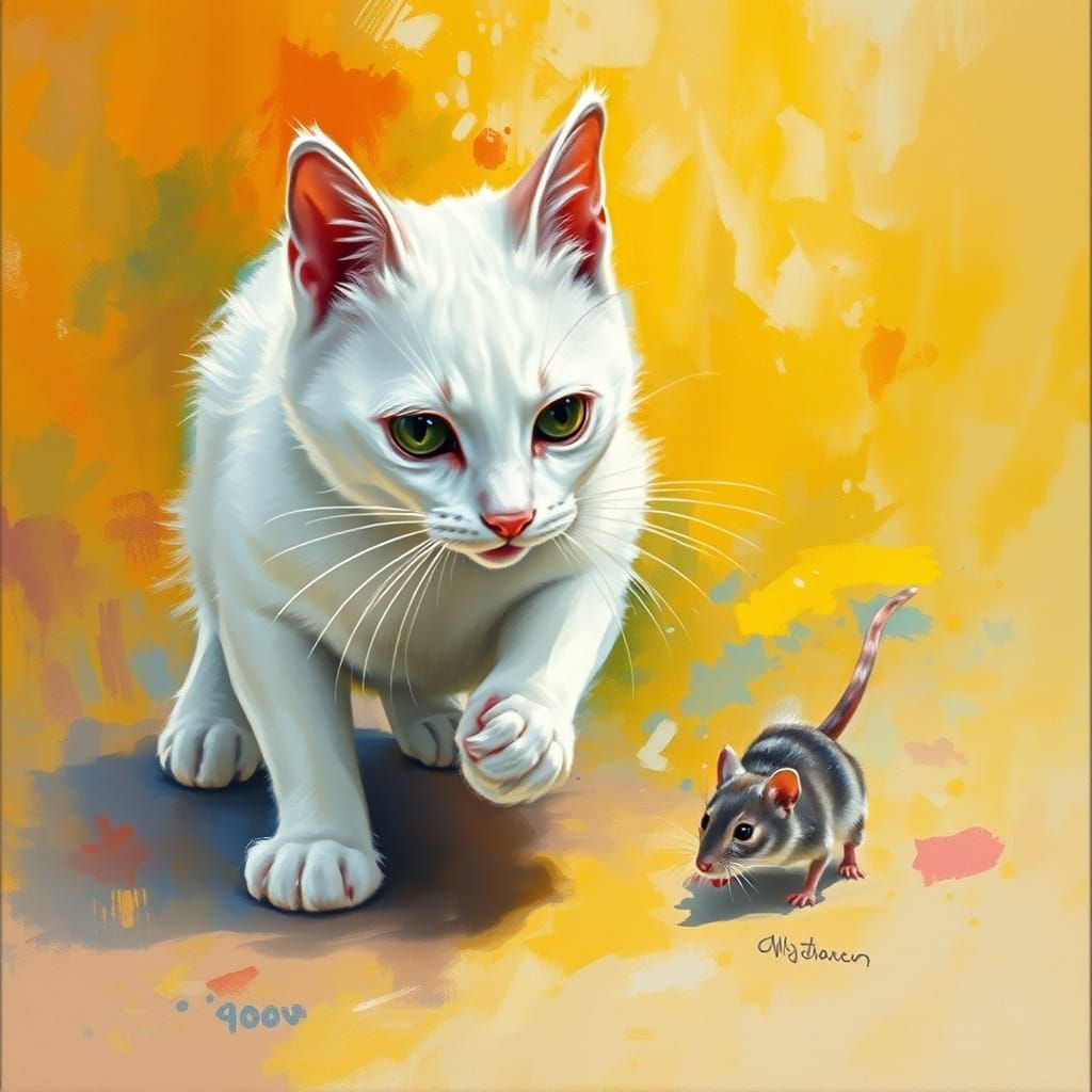 White Cat and Mouse in Gouache Watercolor Style
