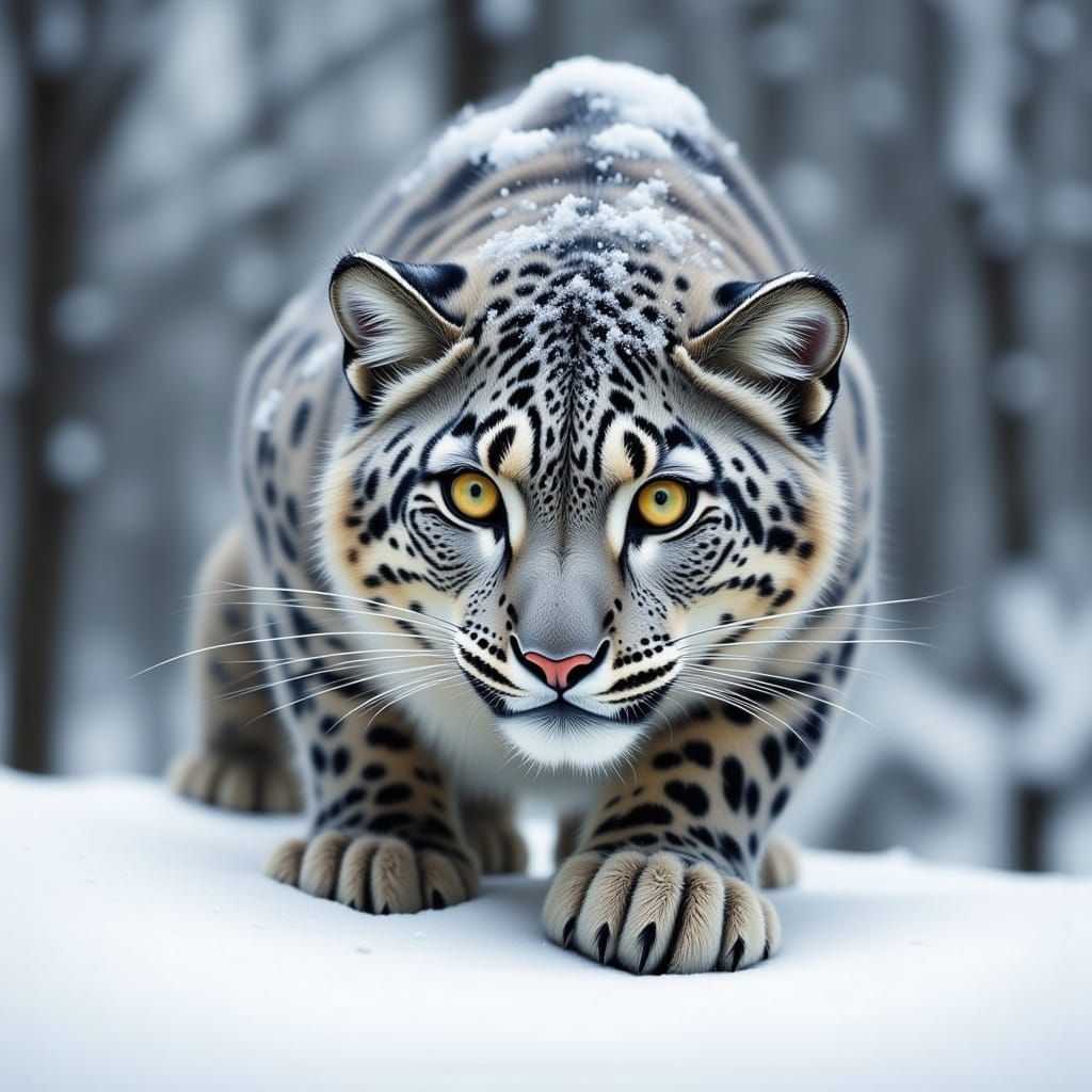 Snow Leopard Crouching in Winter Snow