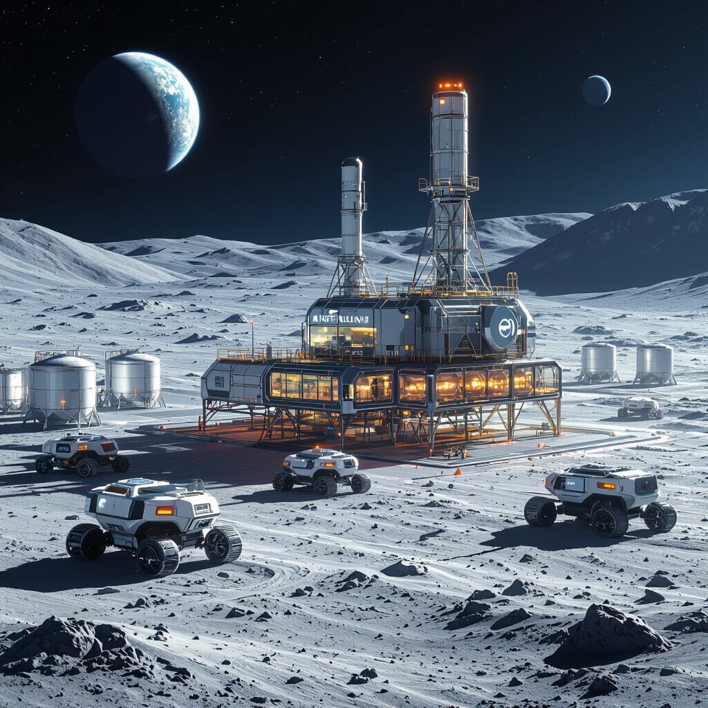 Futuristic Lunar Mining Facility with Earth View