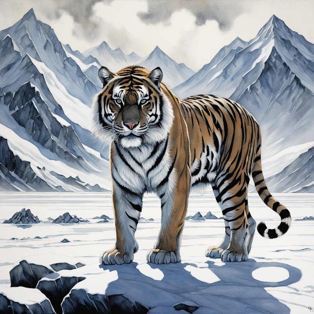 A majestic, large snow tiger with striking black and white f...