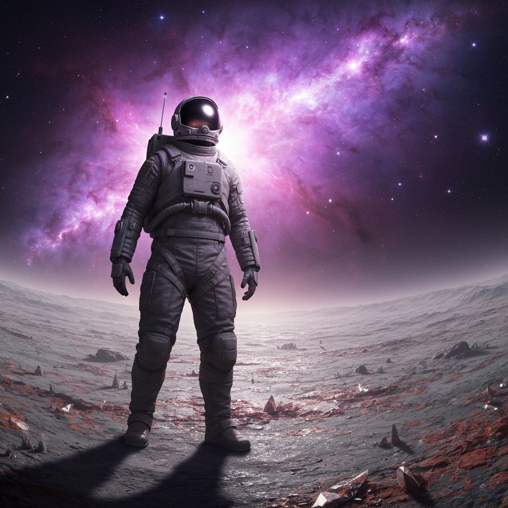 Astronaut on Alien Planet Gazing at Nebula