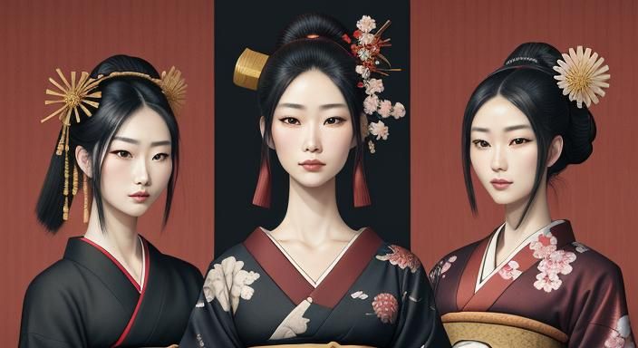 Geisha and Samurai Portrait in Ukiyo-e Style