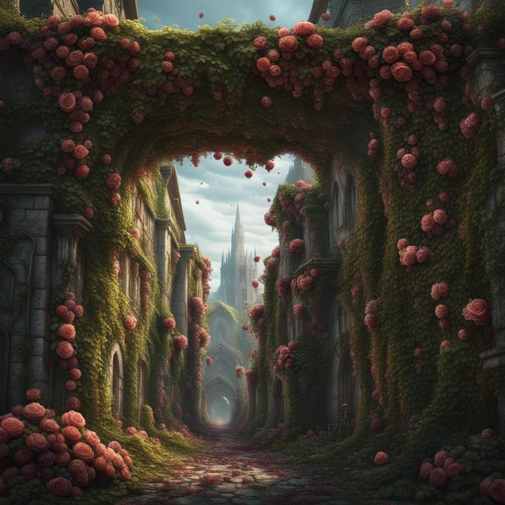 Fantastical Overgrown City Covered in Roses