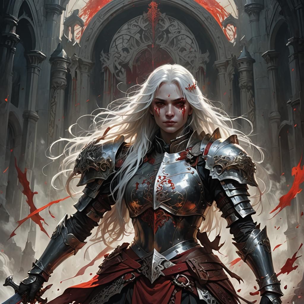Female Knight in Blood Mist, Dark Fantasy Art