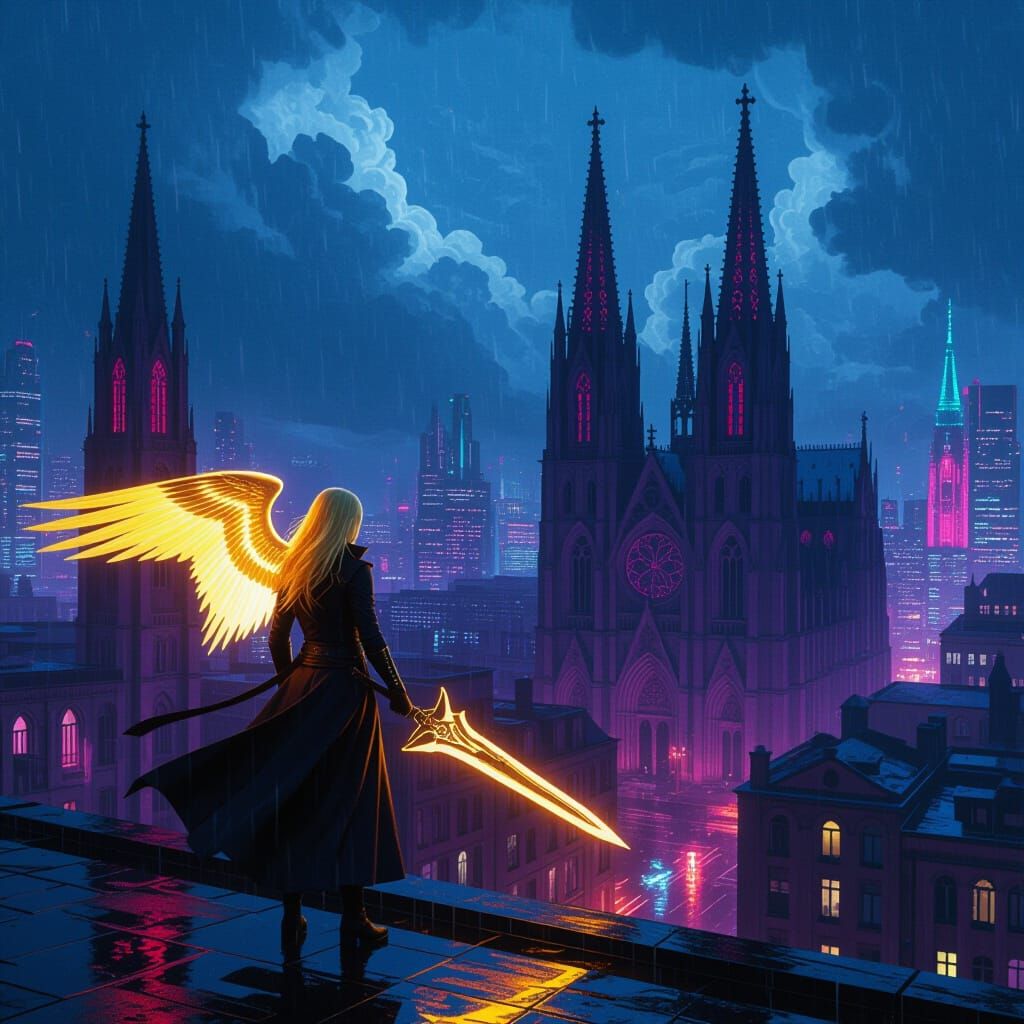 Neon Gothic City Seraph Blade Wielder