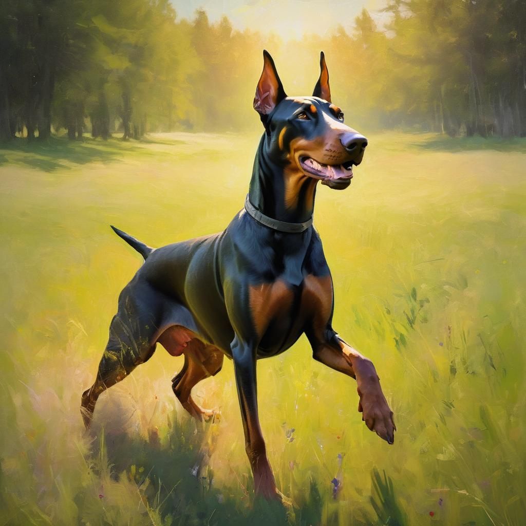 Doberman in Sunny Meadow: Vibrant Oil Painting