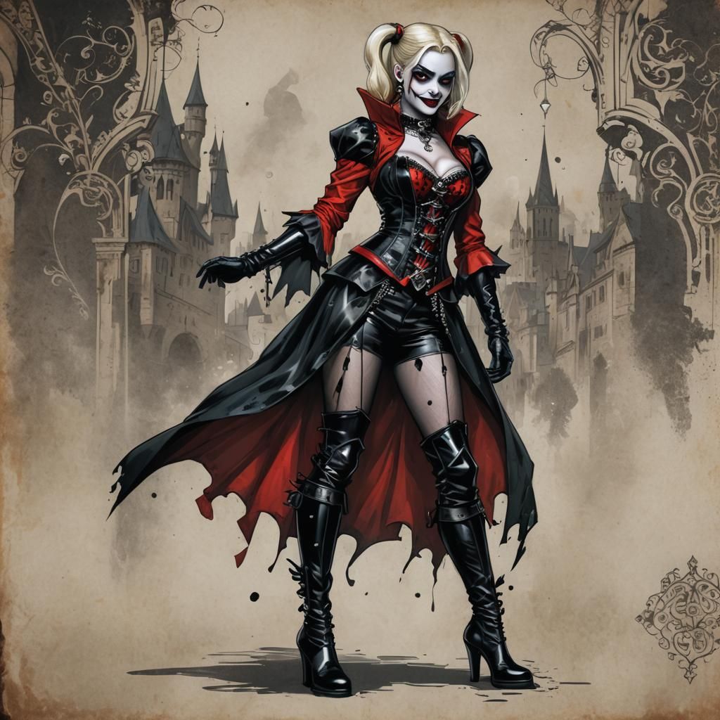 Créame una imagen artistica de la hermosa Harley Quinn, estilo medieval viste un vestido corto de dos capas mostrando su...