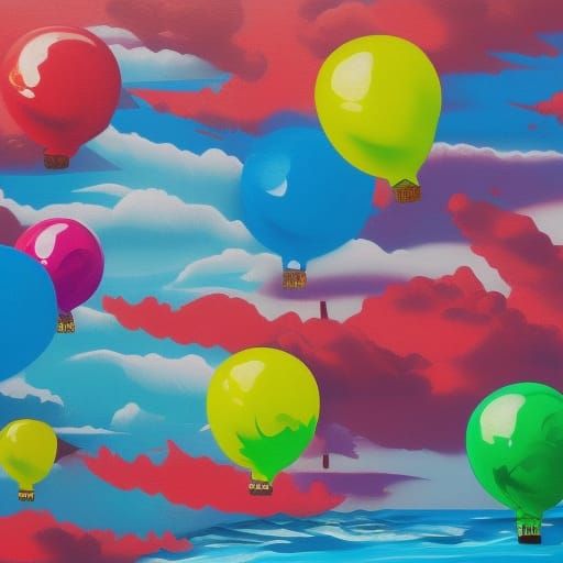 Balloons floating over the ocean waves