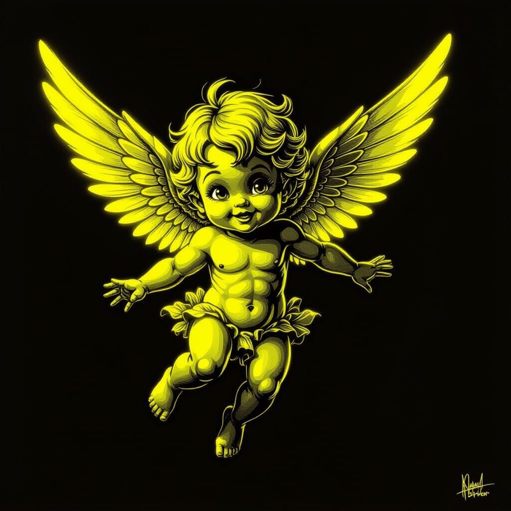 Neon Yellow Cartoon Cupid Charcoal Drawing