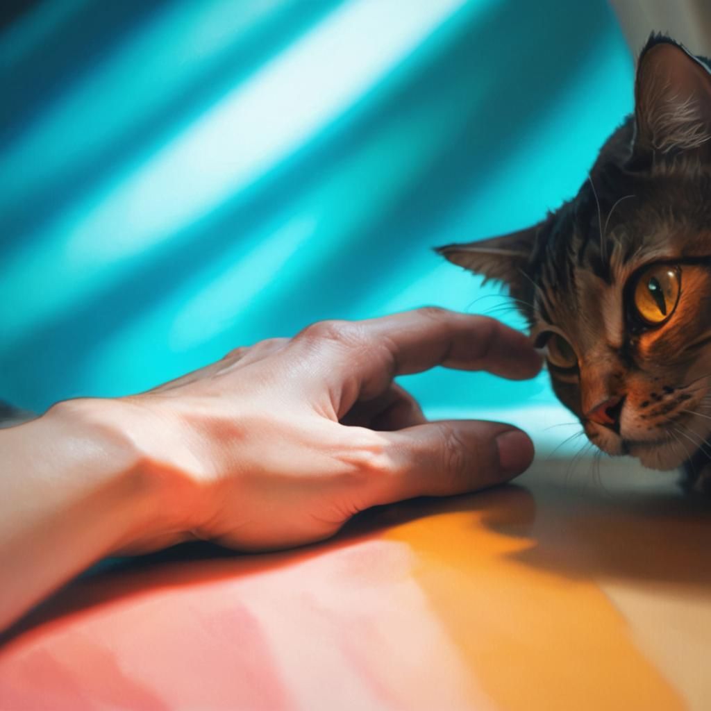 Suspicious Cat Portrait with Hand, Hyperdetailed Lighting