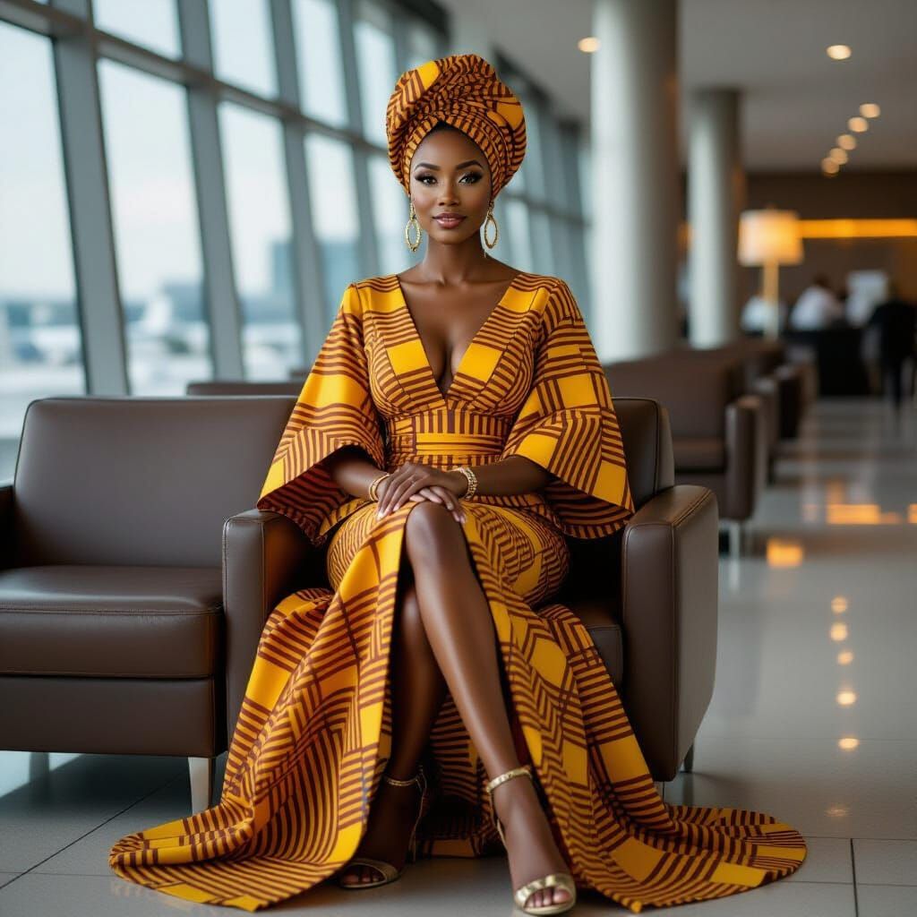 Ghanaian Woman in Kente Evening Gown at Airport Lounge