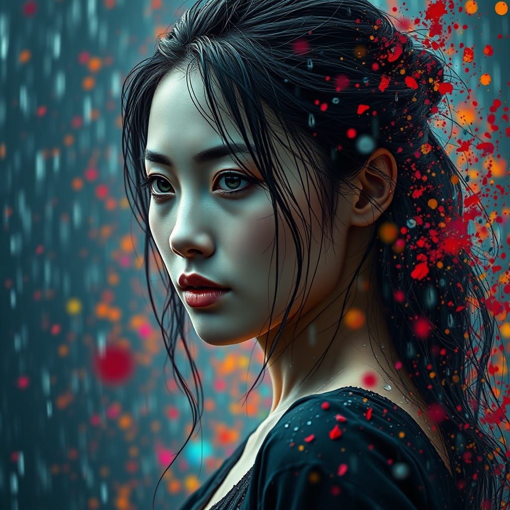 Melancholic Woman in Dramatic Rain Splash Art