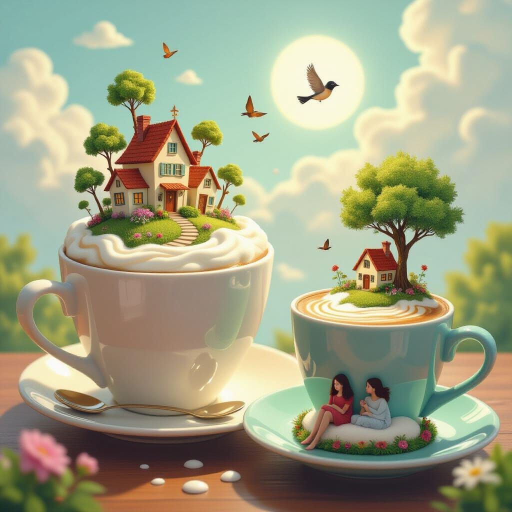Whimsical Coffee Cup Towns: Surrealist Art