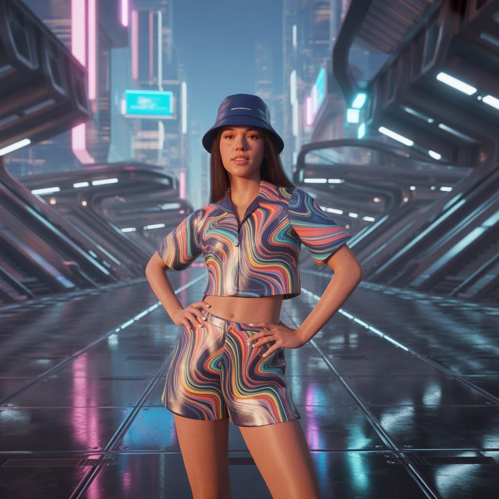 Olivia Rodrigo in Futuristic Cityscape, Digital Illustration