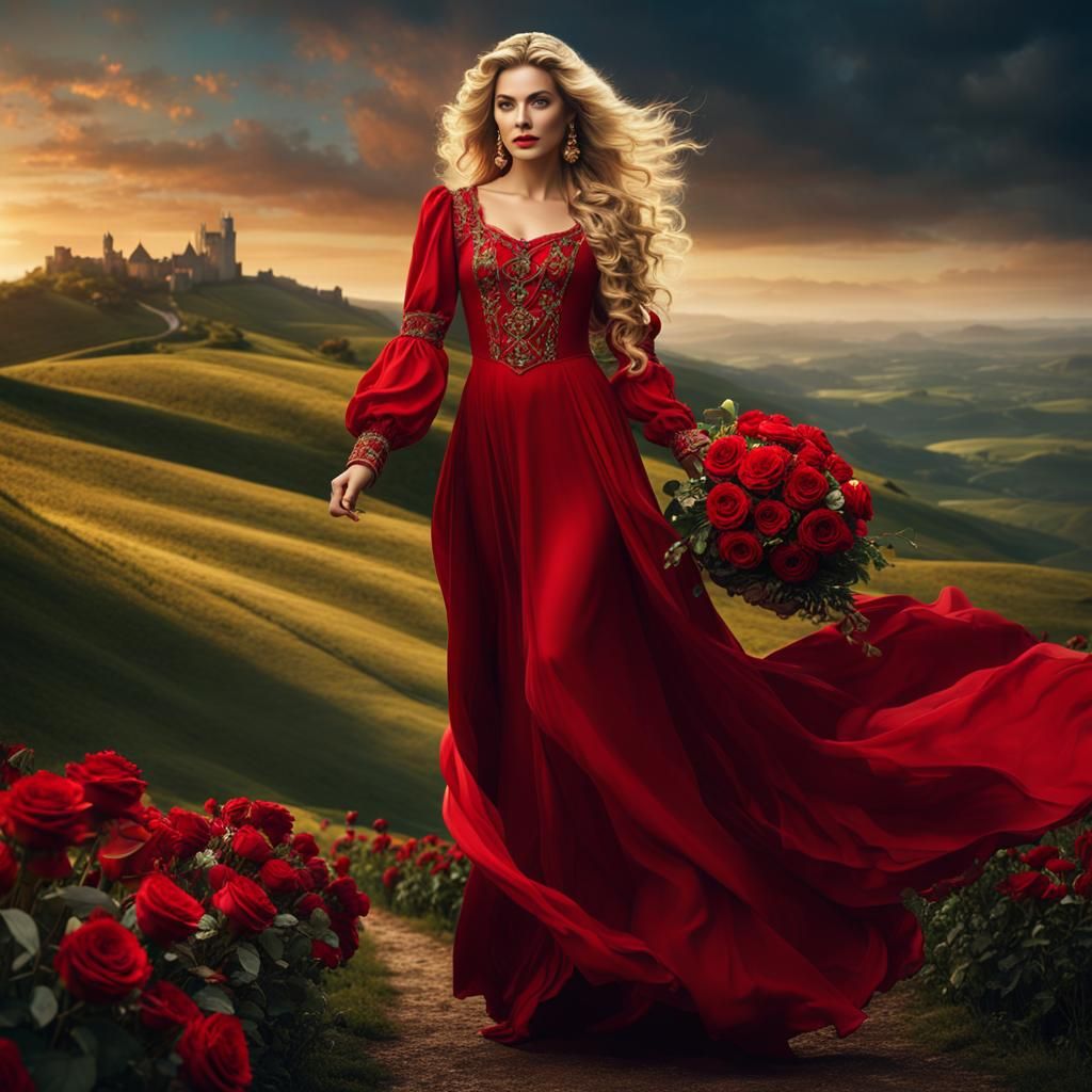 Beautiful Woman with Roses in Fantasy Landscape